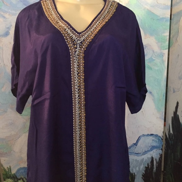Chico's Blue V-Neck Hand Beaded Short Sleeve Top - Picture 1 of 5